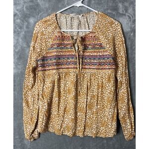 Savanna Jane Yellow Leopard Embroidered Boho Peasant Blouse Small Southwestern